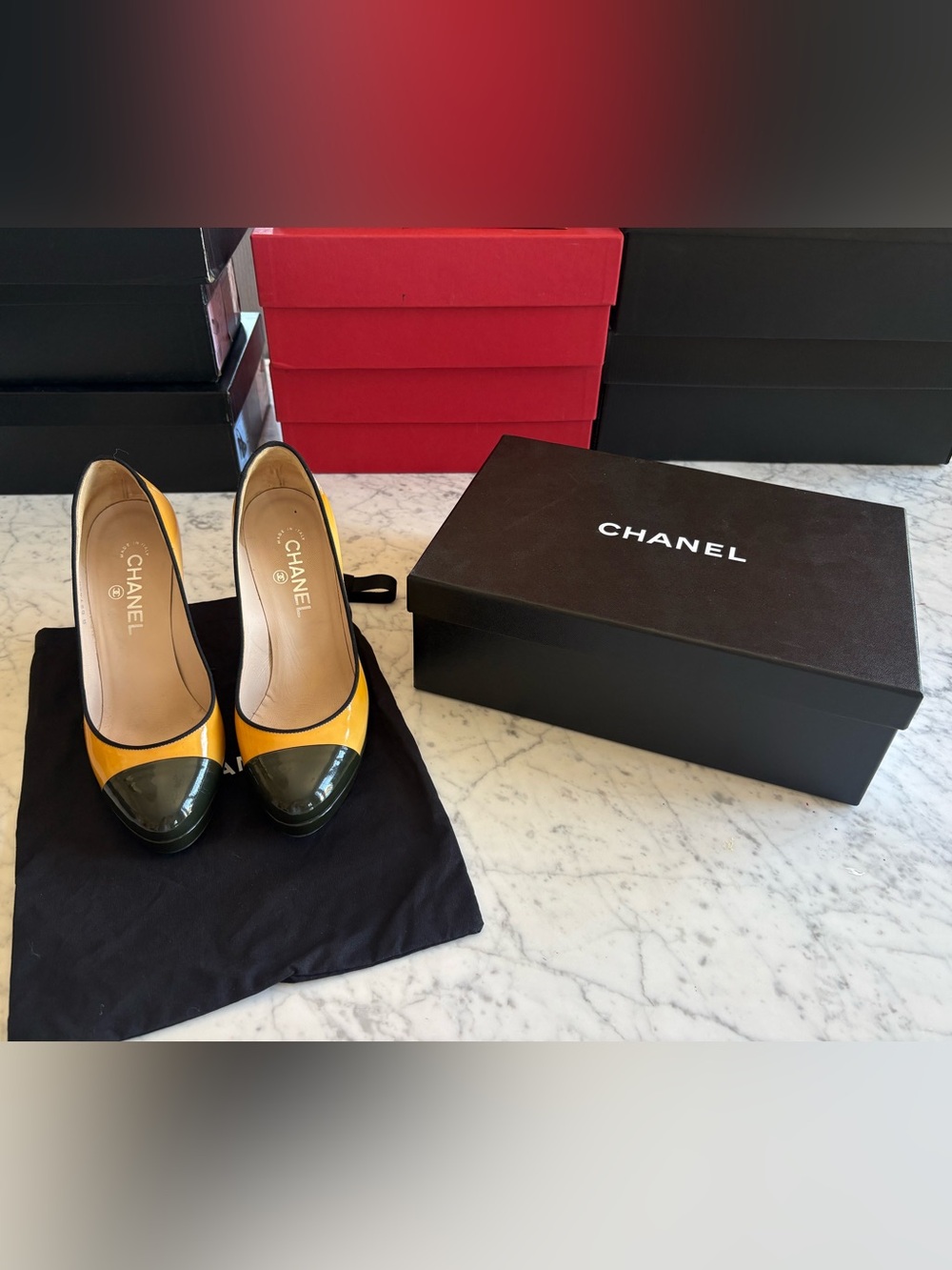 CHANEL PATENT CAP TOE PUMPS